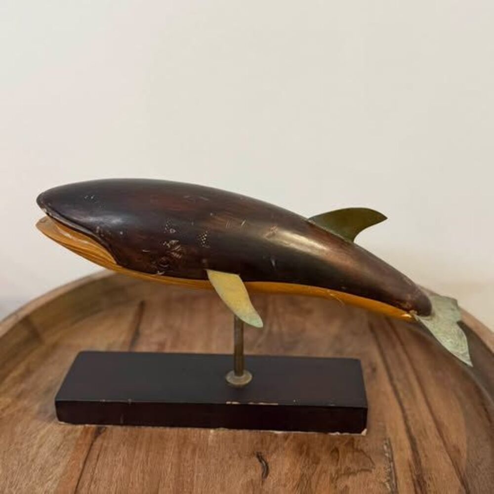 Vintage Folk Art Hand Carved Horn Whale Sculpture on Base Marine Nautical Decor